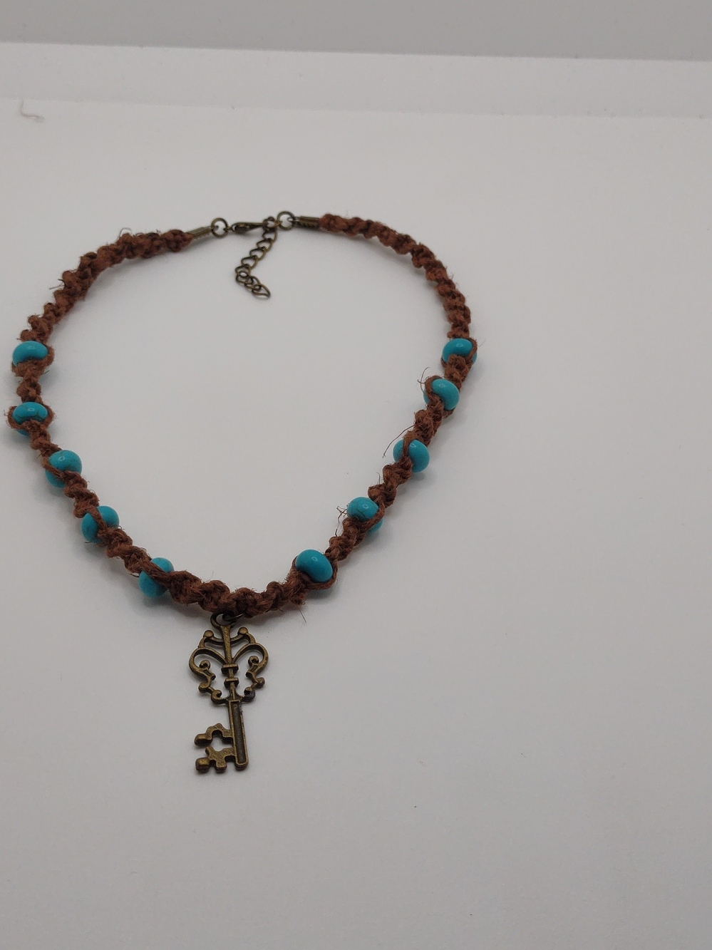 Brown Braided Necklace with Crackle Beads and Antique Key Pendant